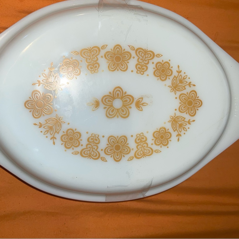 Vintage Pyrex Butterfly Gold divided dish with lid